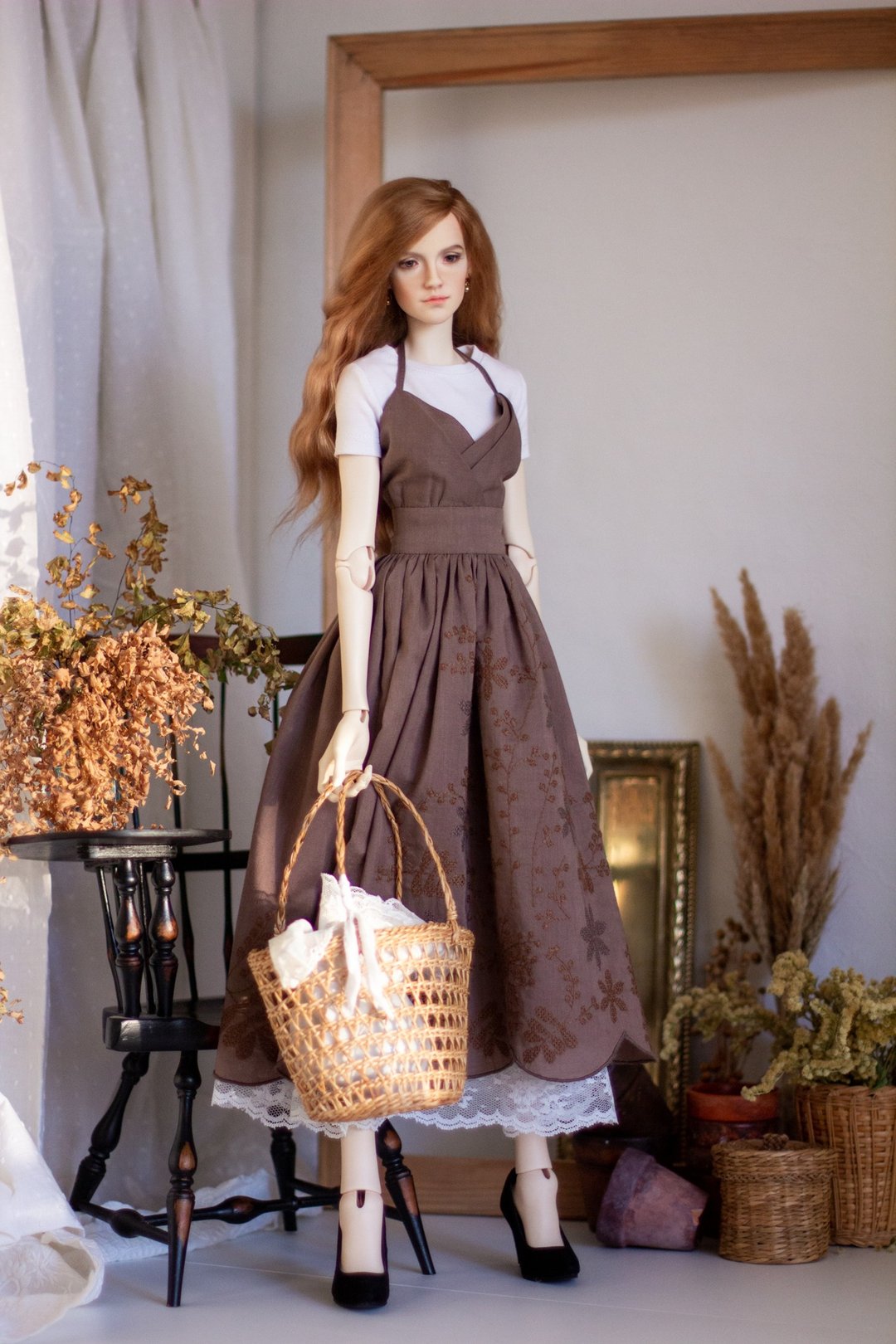 BJD 娃娃女装洋装 (Dollstown 娃娃) 65cm SD - 其他 - 亚麻 咖啡色