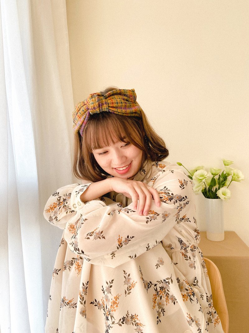 交错的记忆 毛呢 复古格纹 大蝴蝶扭结发带 ggoomstudio - 发带/发箍 - 棉．麻 卡其色