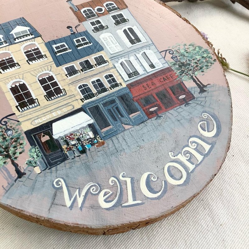 木绘制挂饰  / 欧洲风格房子彩绘 - 摆饰 - 木头 咖啡色