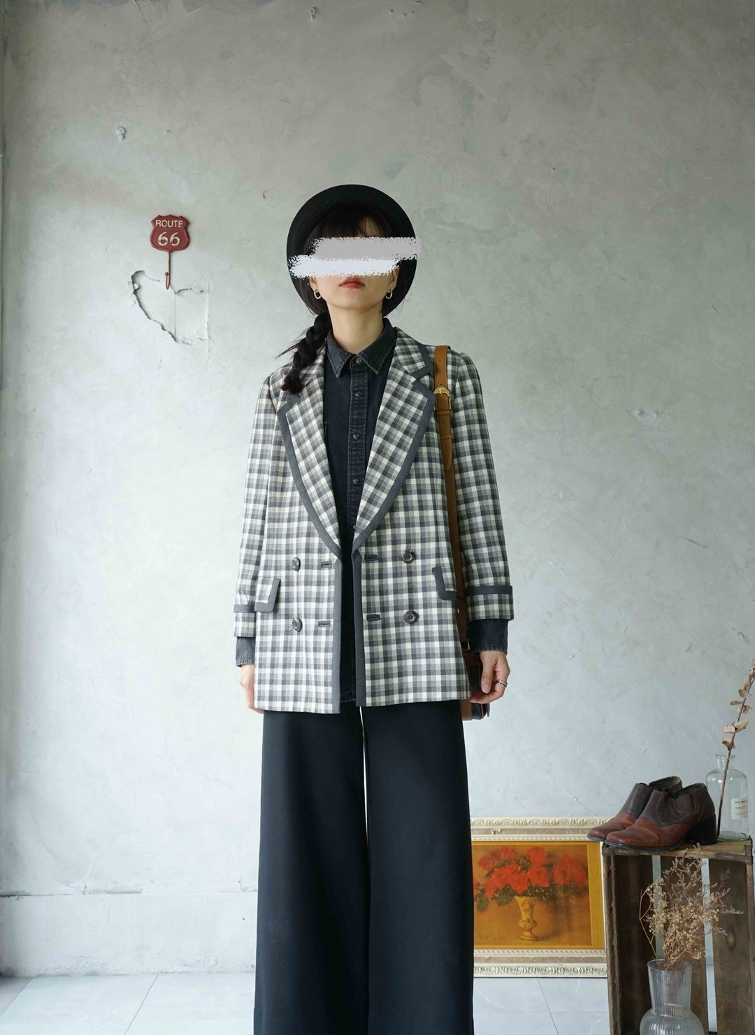 寻宝古着 - 暖灰格纹滚边双排扣西装外套 - 女装西装外套/风衣 - 羊毛 灰色