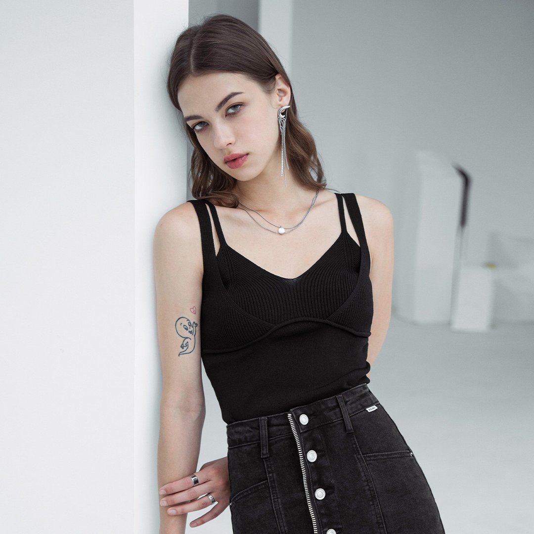 庞克鬼影假两件双肩带背心 - 女装背心 - 其他材质 黑色