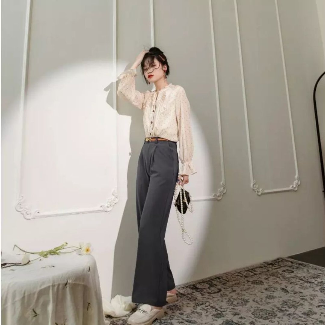 西裤休闲搭配直筒新款工作上班宽松高级弹性藏青灰黑色 - 女装长裤 - 聚酯纤维 