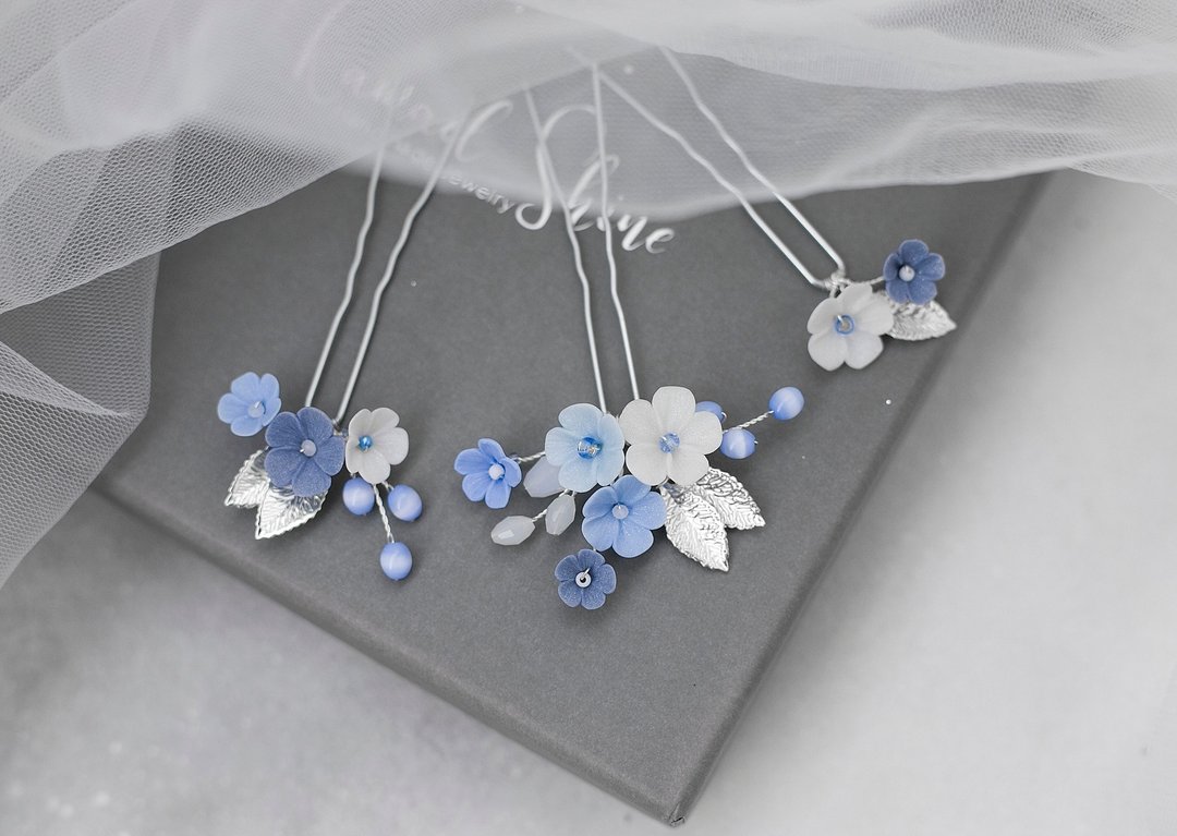 Navy blue set of hair pins, Wedding floral hair piece Bridal rose gold headpiece - 发饰 - 粘土 蓝色
