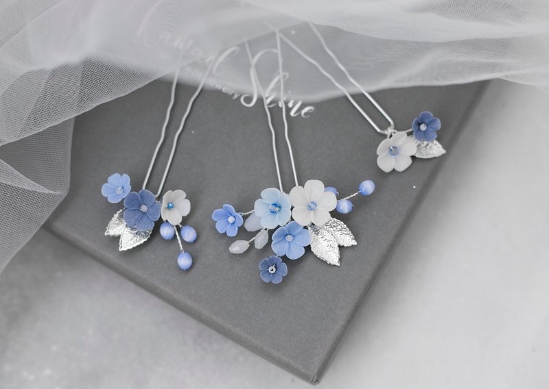 Navy blue set of hair pins, Wedding floral hair piece Bridal rose gold headpiece - 发饰 - 粘土 蓝色