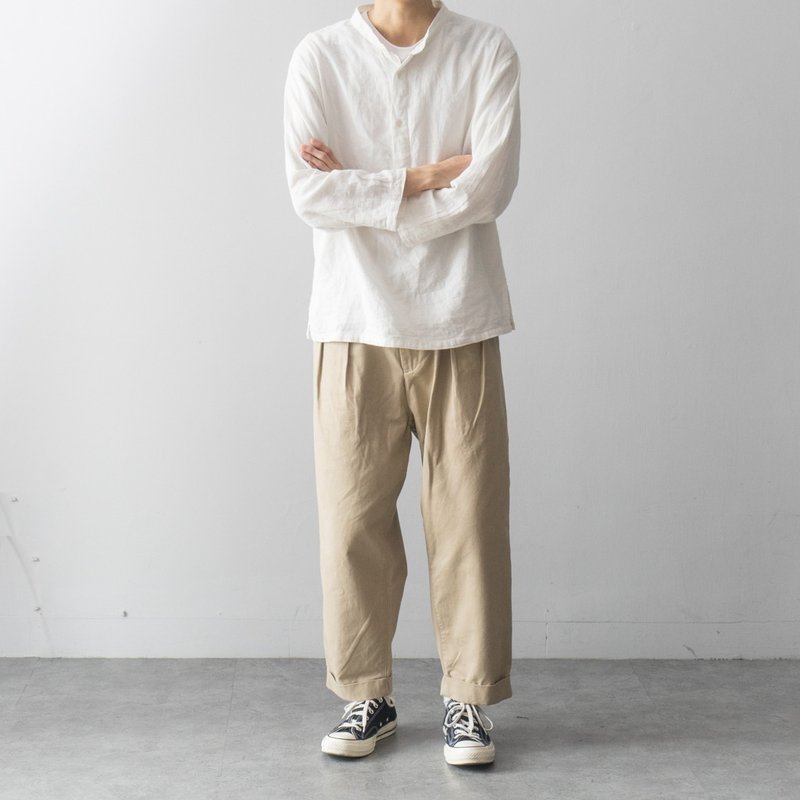日系搭配 双褶裥9分裤宽松款法式工装裤男 Work Pants chino 旅遊 - 男士长裤 - 棉．麻 卡其色