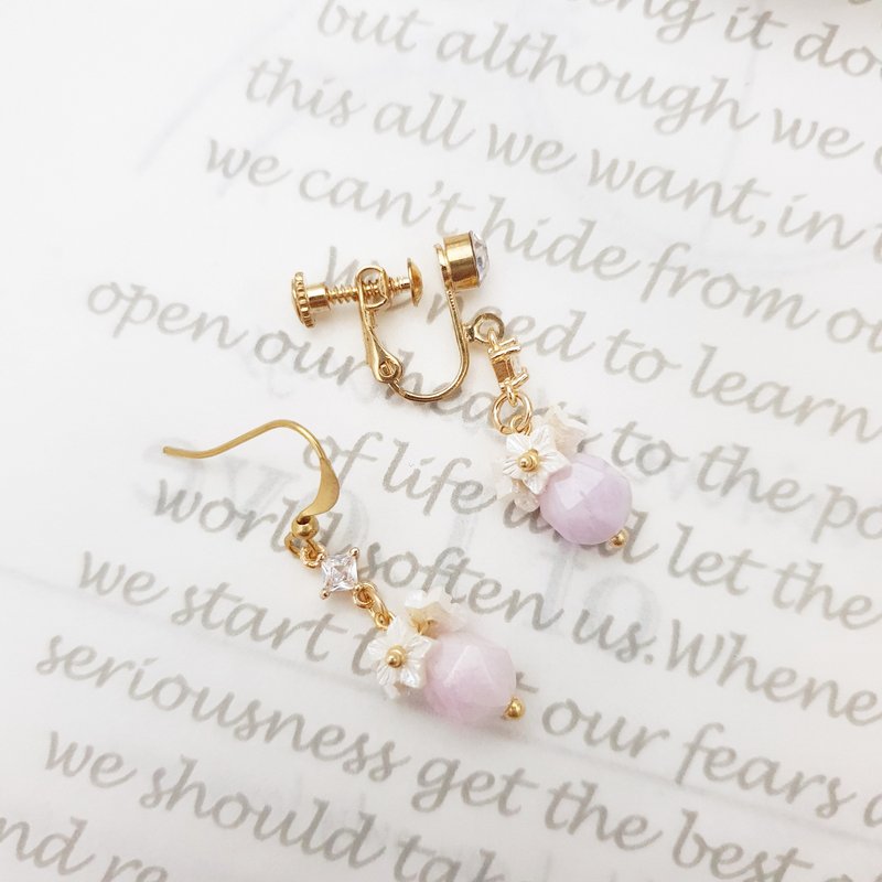 天然石。螺旋式耳夹  K金耳勾 /// 垂坠式耳环 - 耳环/耳夹 - 石头 粉红色