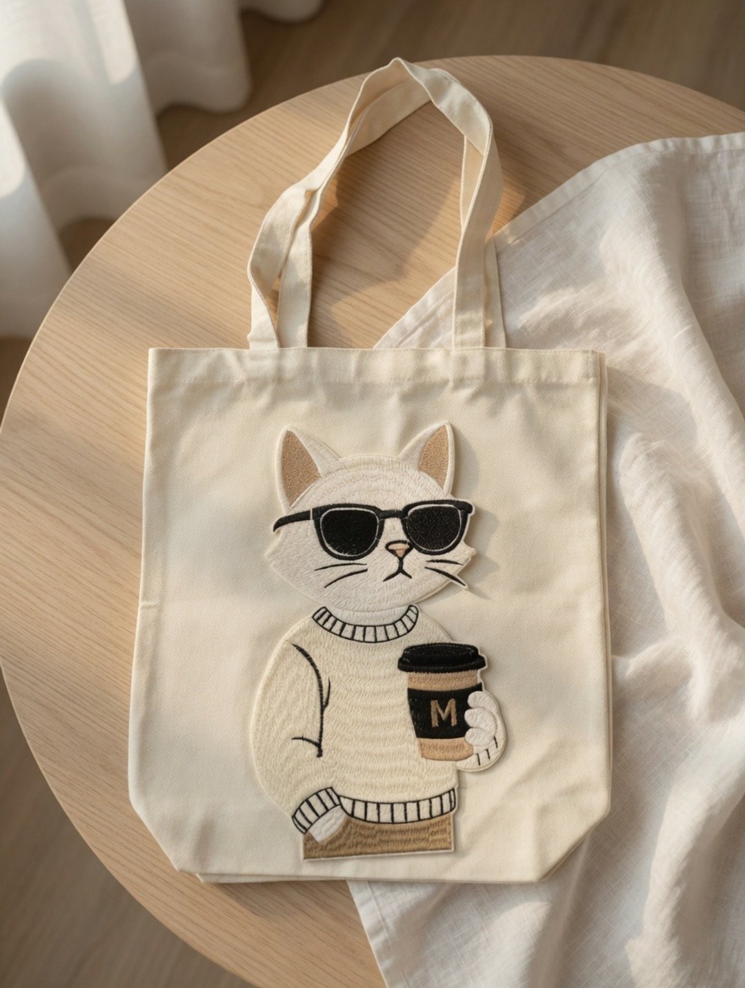 酷猫咖啡时光刺绣托特袋 这款超可爱的刺绣托特包 (Tote Bag) - 手提包/手提袋 - 亚麻 白色