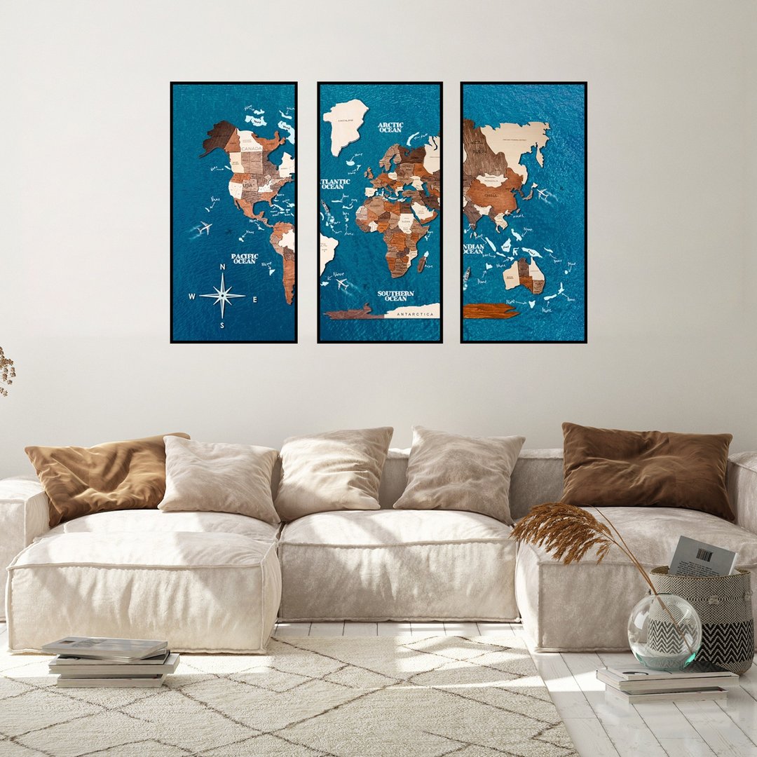 3 Panel World Map, Framed Wall Art, Birthday Gift fot Girlfriend, 3D Travel Map - 墙贴/壁贴 - 木头 