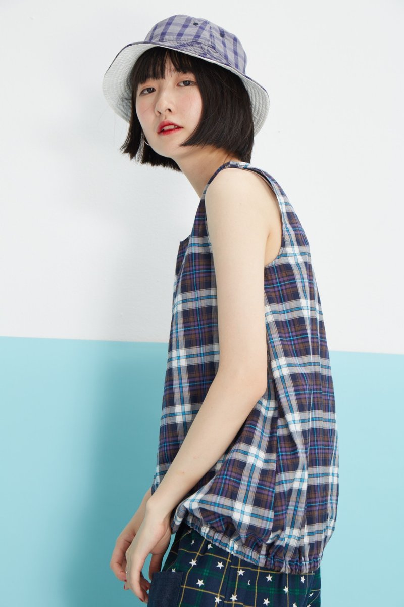 泡泡球型背心＿格子款 - 女装上衣 - 棉．麻 蓝色