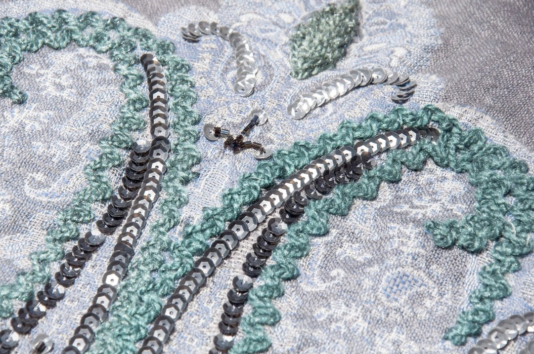 喀什米尔Cashmere/水煮羊毛披肩/针织围巾/刺绣围巾/羊绒披巾-花 - 围巾/披肩 - 羊毛 多色