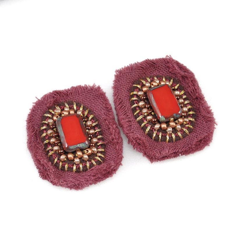 耳環 gauze and beads earrings, flower earrings,statement earrings red 5 - 耳环/耳夹 - 棉．麻 红色
