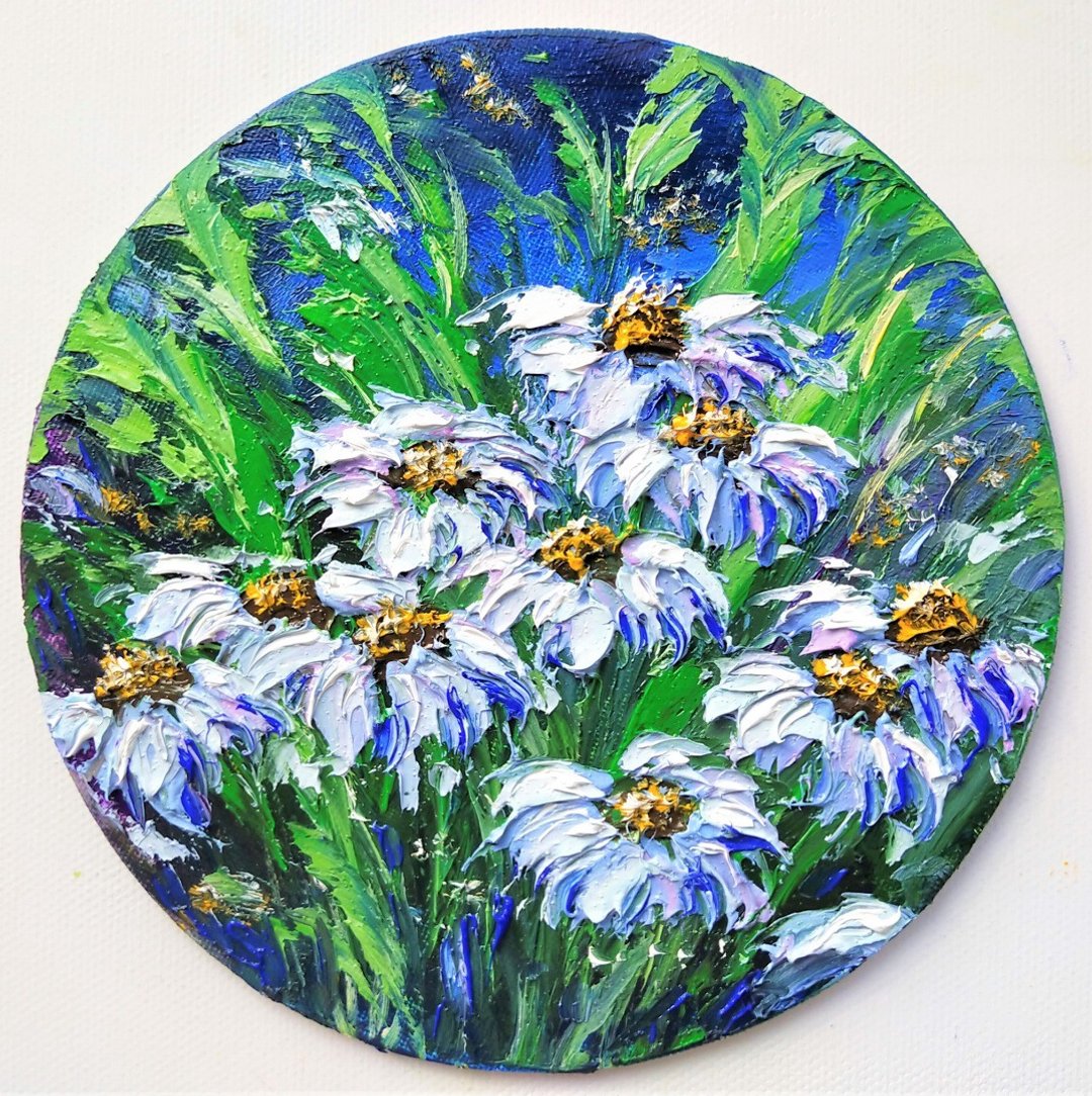 Daisy Painting Floral Original Art Flowers Artwork diameter 18cm/7 in - 海报/装饰画/版画 - 棉 多色