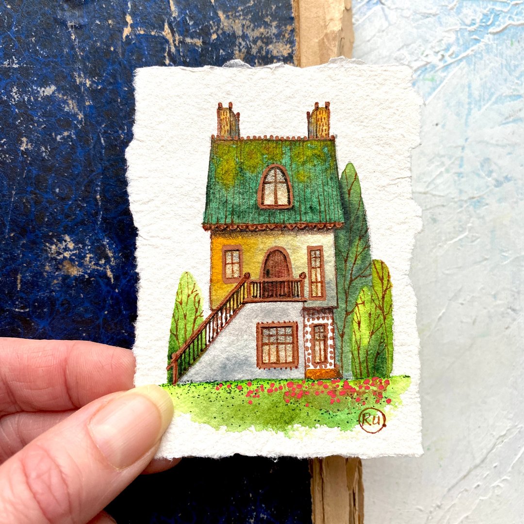 Collectible miniature art Original watercolor on handmade paper ACEO card - 海报/装饰画/版画 - 纸 多色