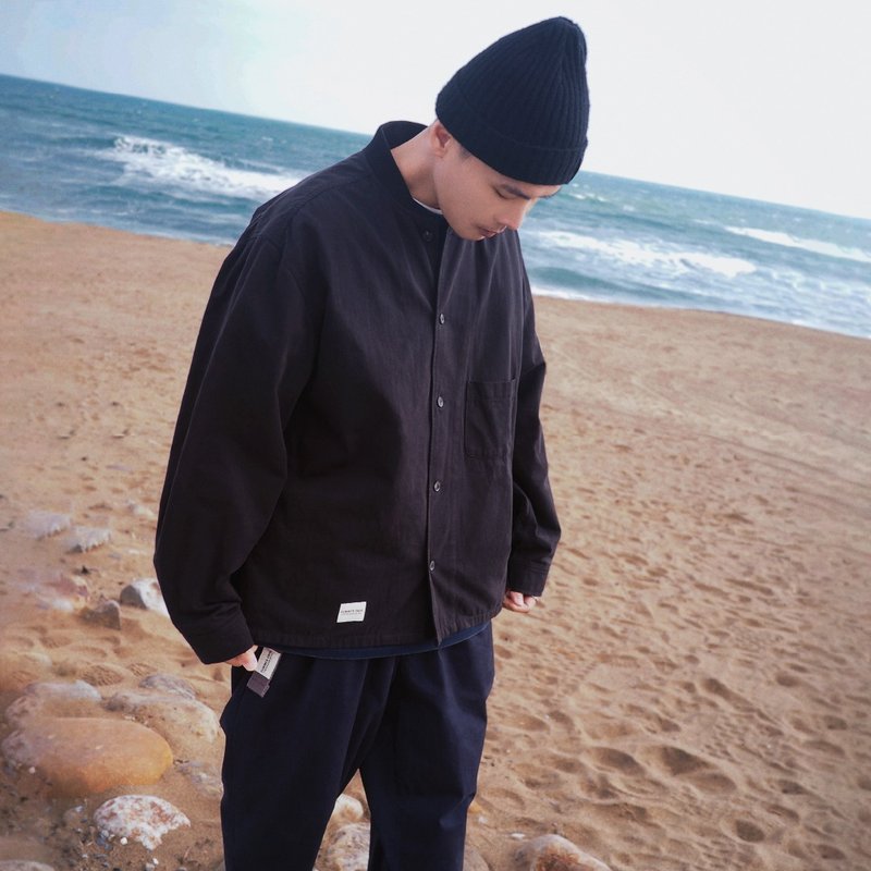 GRUNGE SHIRT 极简风格棒球领衬衫 - 黑色 - 男装外套 - 棉．麻 黑色