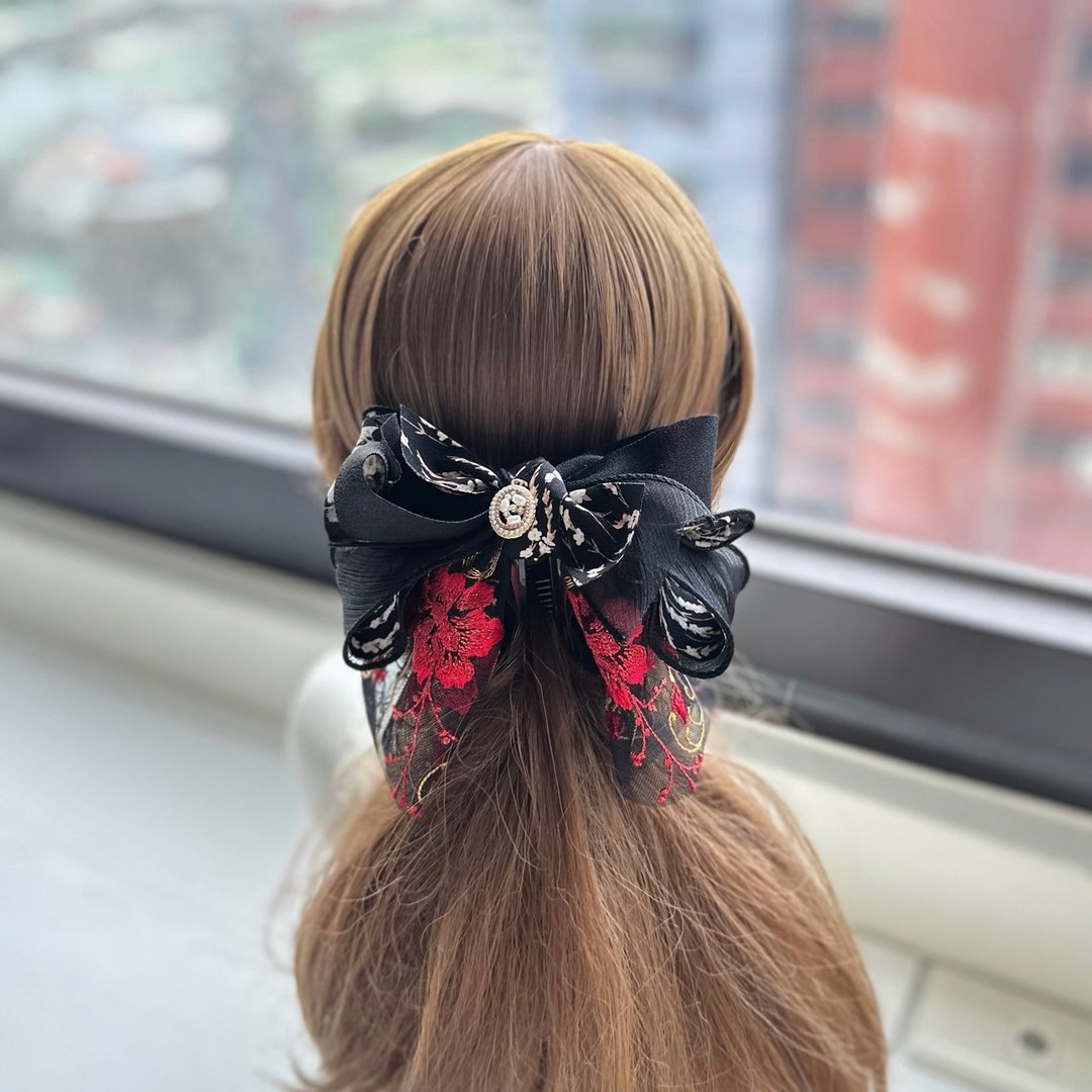 卷边纱蕾丝蝴蝶结相交夹香蕉夹仙女夹发夹-红黑色 - 发饰 - 其他材质 黑色