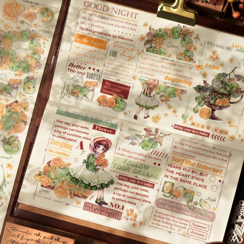 初青 复古人物花卉綜合 PET 纸胶带 - 纸胶带 - 纸 绿色