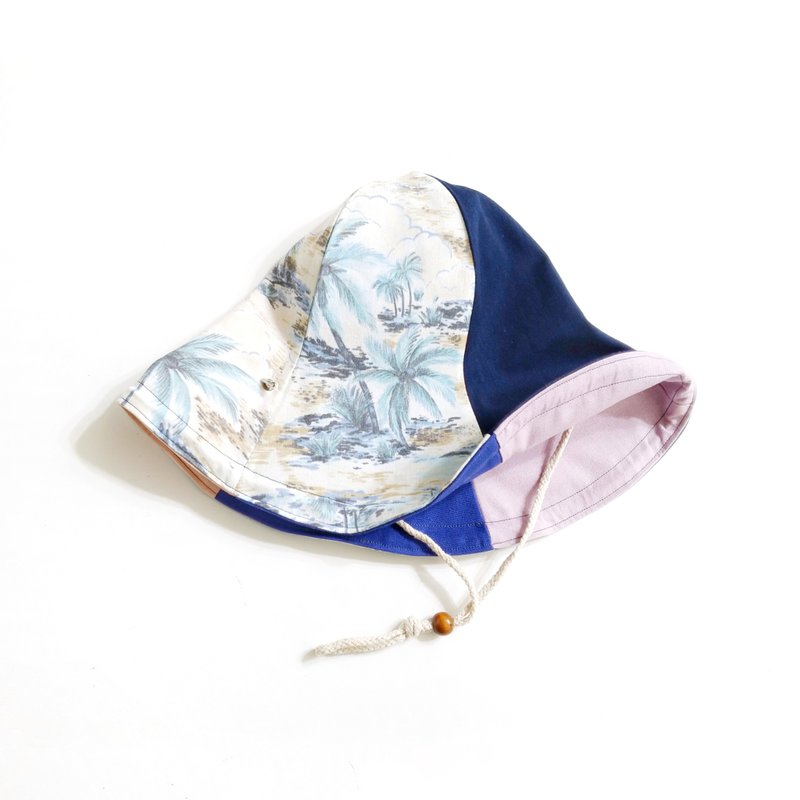 小牛村 手工双面遮阳帽 大帽檐 牛仔【特长帽檐款-海风假期】天蓝 - 帽子 - 棉 白色