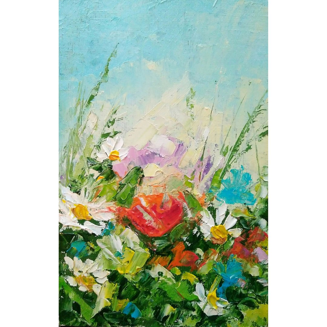 Meadow Painting, Floral Original Art, Small Flower Artwork, Wildflower Wall Art - 海报/装饰画/版画 - 其他材质 多色