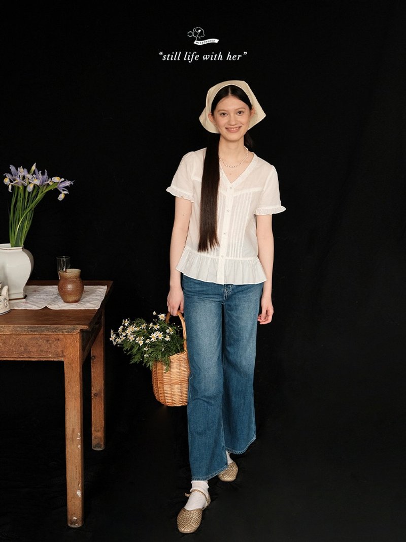 mintcheese 法式v领风琴褶蕾丝花边微收腰白衬衫 - 女装衬衫 - 棉．麻 白色