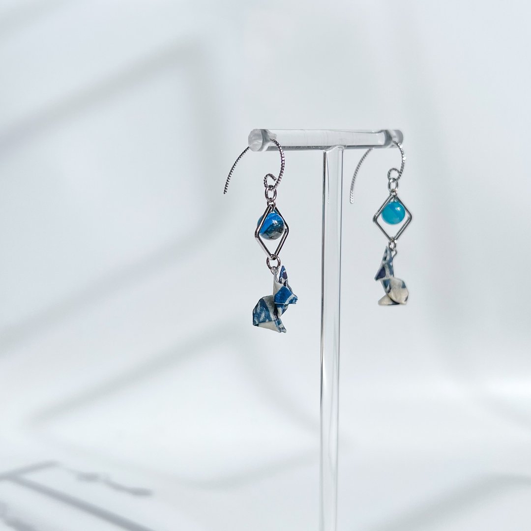 Chearrings | Origami 日本和纸 手工折纸 小兔耳环 | 款式 R001 - 耳环/耳夹 - 纸 蓝色