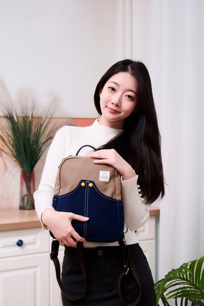 (YOYO文创)城市小游侠后背包 双肩包 卡其拚深蓝 - 后背包/双肩包 - 其他材质 