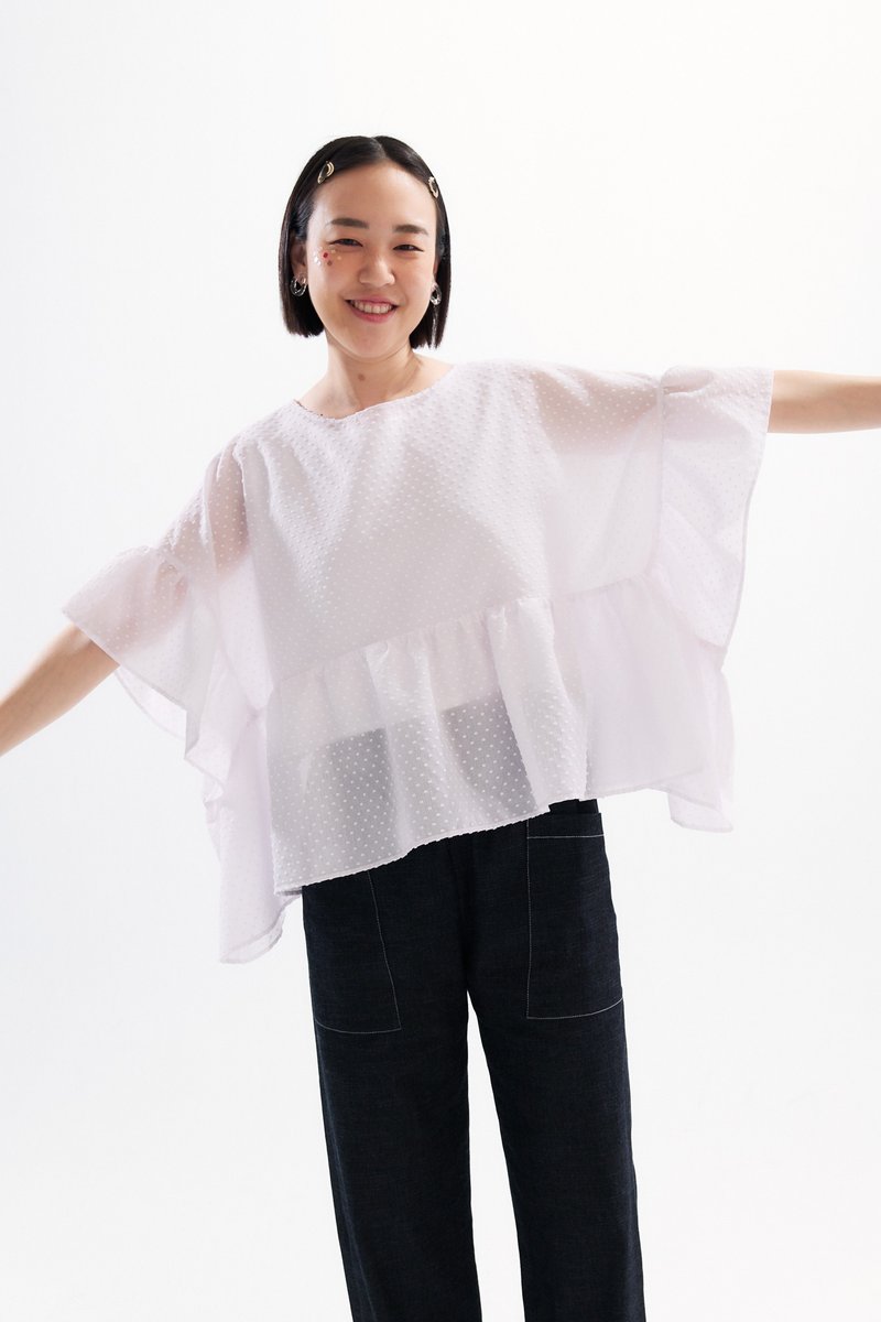 蝴蝶袖立体点点透肤罩衫两件式 - 女装上衣 - 其他材质 白色