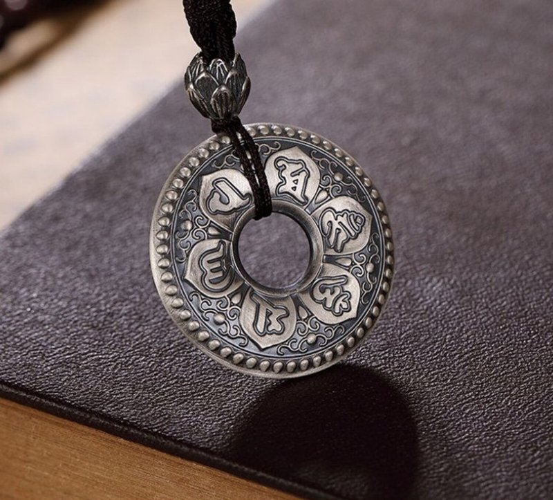 Real 999 Pure Silver Button Thai Silver Lotus Mantra Necklaces with Rope Vintage - 长链 - 纯银 银色