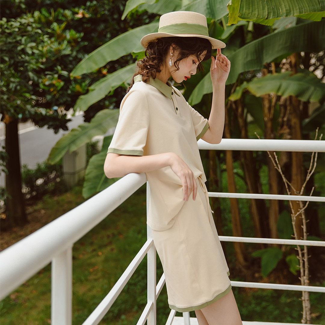 【清仓满减】2019女装秋季穿搭 POLO领撞色包边两件套DTU-91199 - 裙子 - 其他材质 