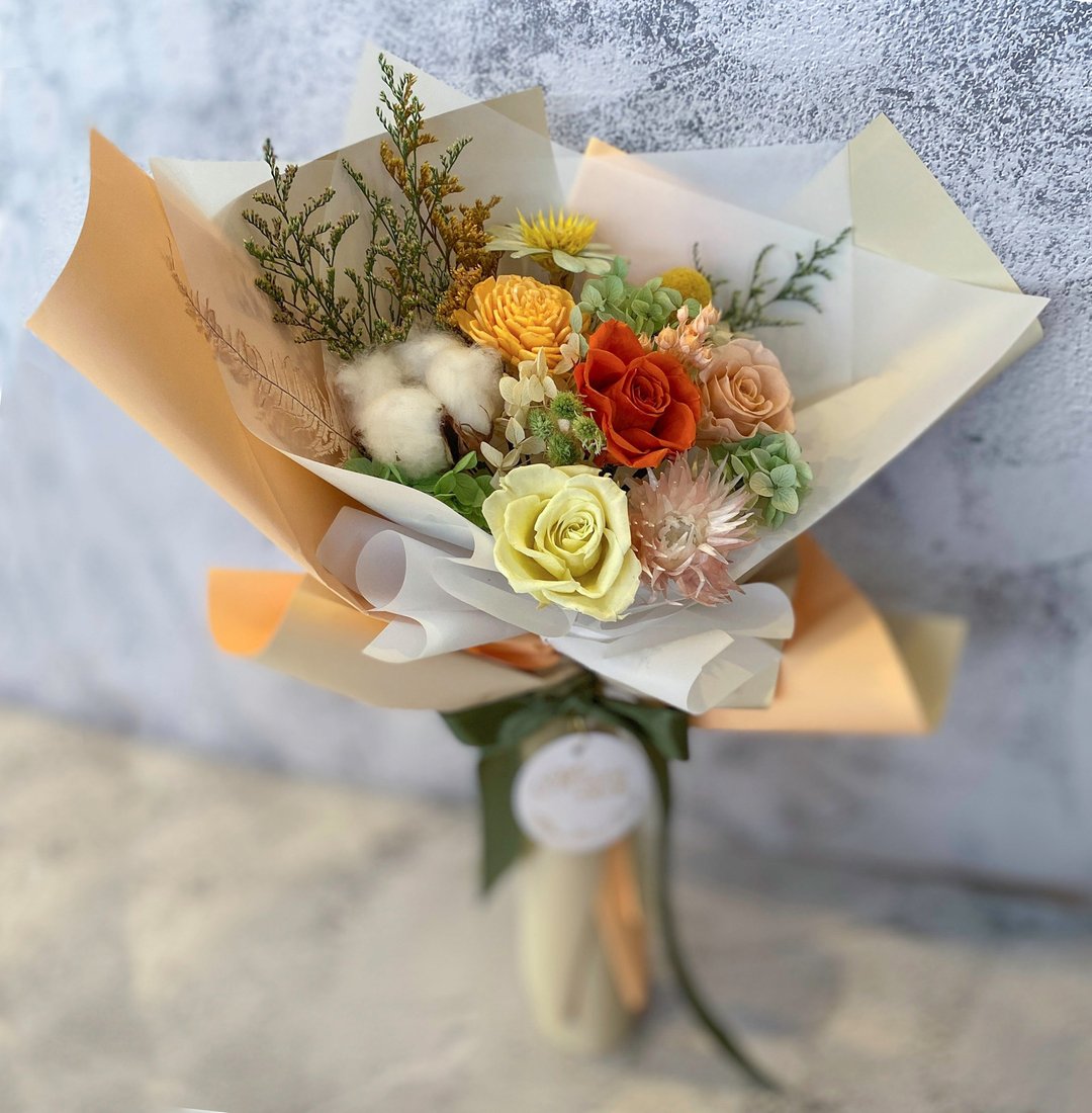 永生玫瑰花束 毕业花束 情人节花束 韩式花束 祝贺 礼物 - 干燥花/捧花 - 植物．花 橘色