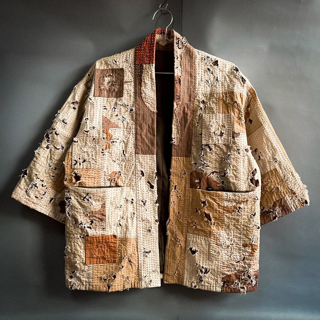 沙漠迷彩拼接和服外套 Desert camo patchwork kimono jacket - 男装外套 - 棉 卡其色