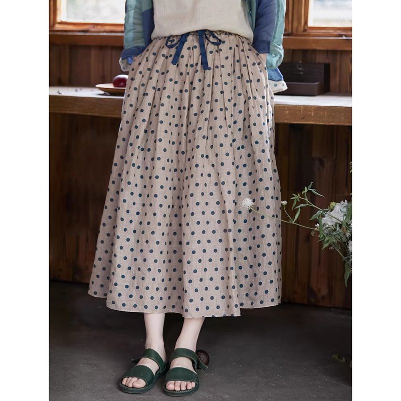 蓝波点纯亚麻轻薄透气A字松紧腰半身裙 - 裙子 - 棉．麻 
