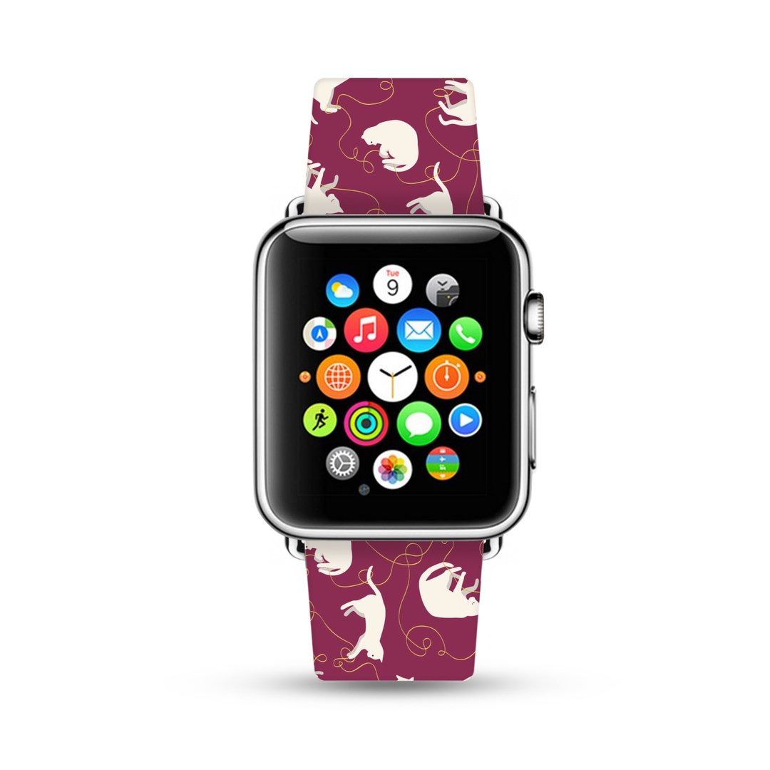 可爱白色小猫 Apple Watch 真皮手表带 38 40 42 44 mm -309 - 表带 - 真皮 红色