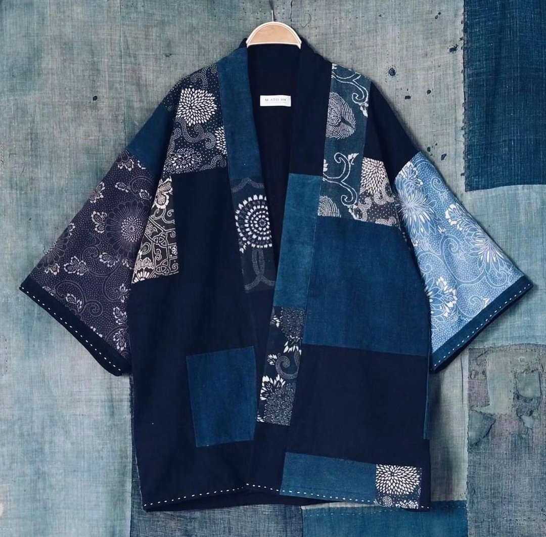 【Indigo Katazome Kimono】 蓝染拼布道袍 - 男装外套 - 棉 