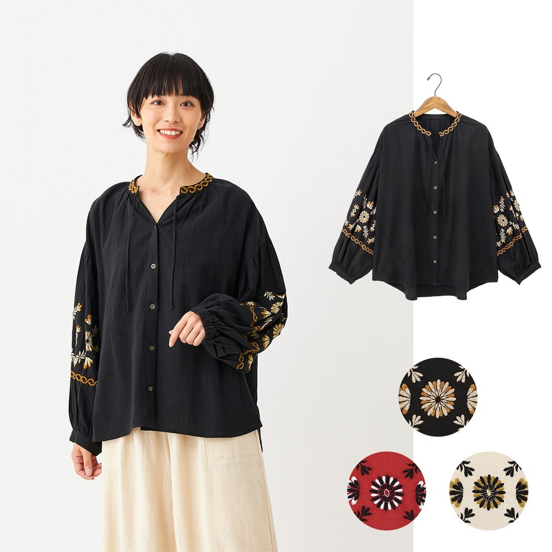 【预订】印度制 东欧风花卉刺绣衬衫 - 女装上衣 - 棉 黑色