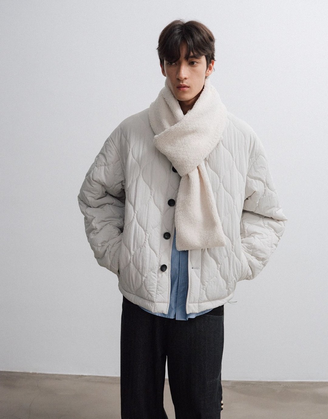 高原山涧 日系复古绗棉3M新雪丽 撞色灯芯绒领棉服 - 男装外套 - 其他材质 灰色