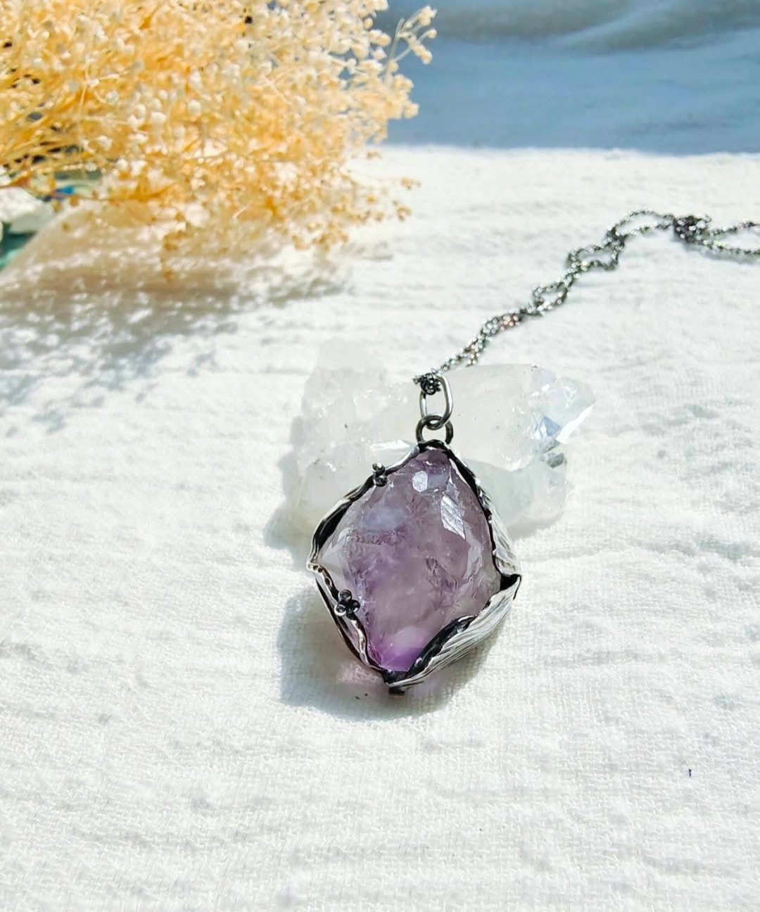 紫水晶 原矿 金工手作银坠子 - 项链 - 宝石 