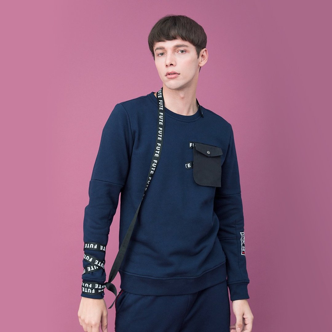 【Off-season sale】男款 可拆口袋圆领刷毛运动衫 / 深蓝色 - 男装上衣/T 恤 - 棉 蓝色