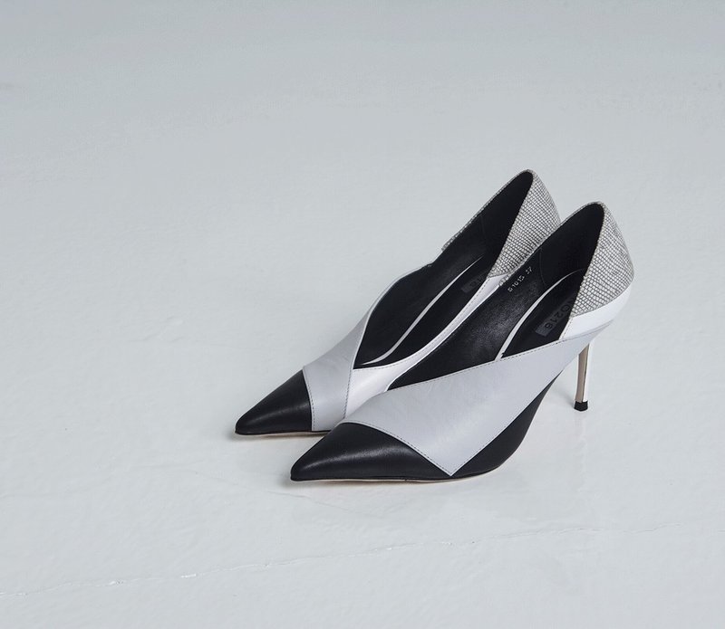 斜口拼接 细高跟鞋 黑白 - 高跟鞋 - 真皮 黑色