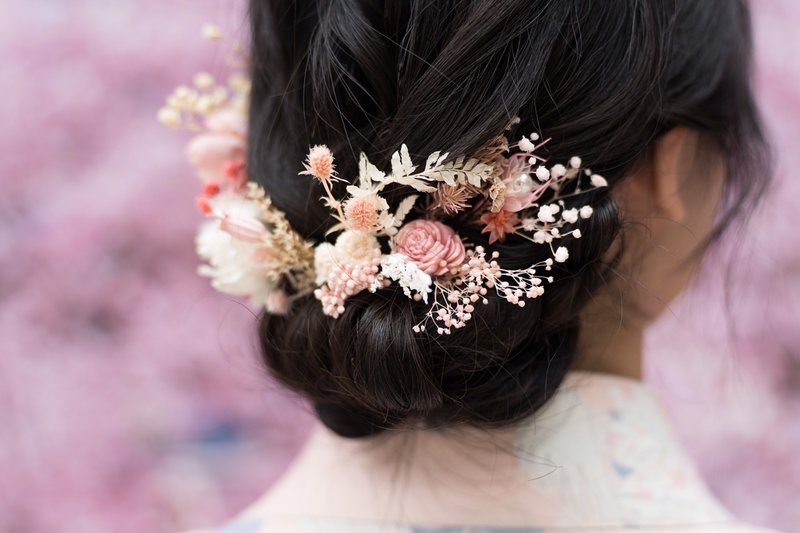 2F【干燥花发杈】春仔花/婚礼小物/新娘头花/造型发饰/韩服/和服/ - 发饰 - 植物．花 粉红色