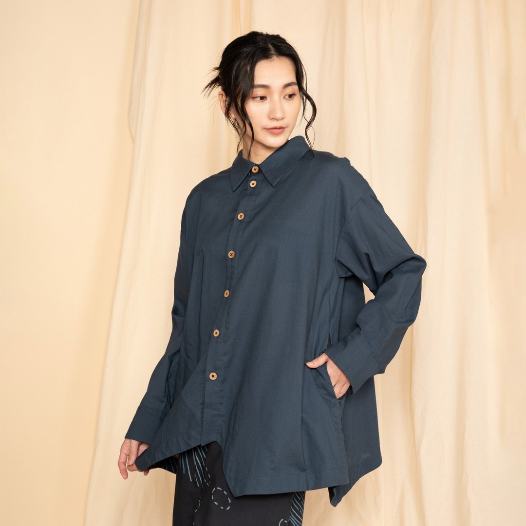 涛痕不规则衬衫_夜蓝 - 女装衬衫 - 棉 蓝色