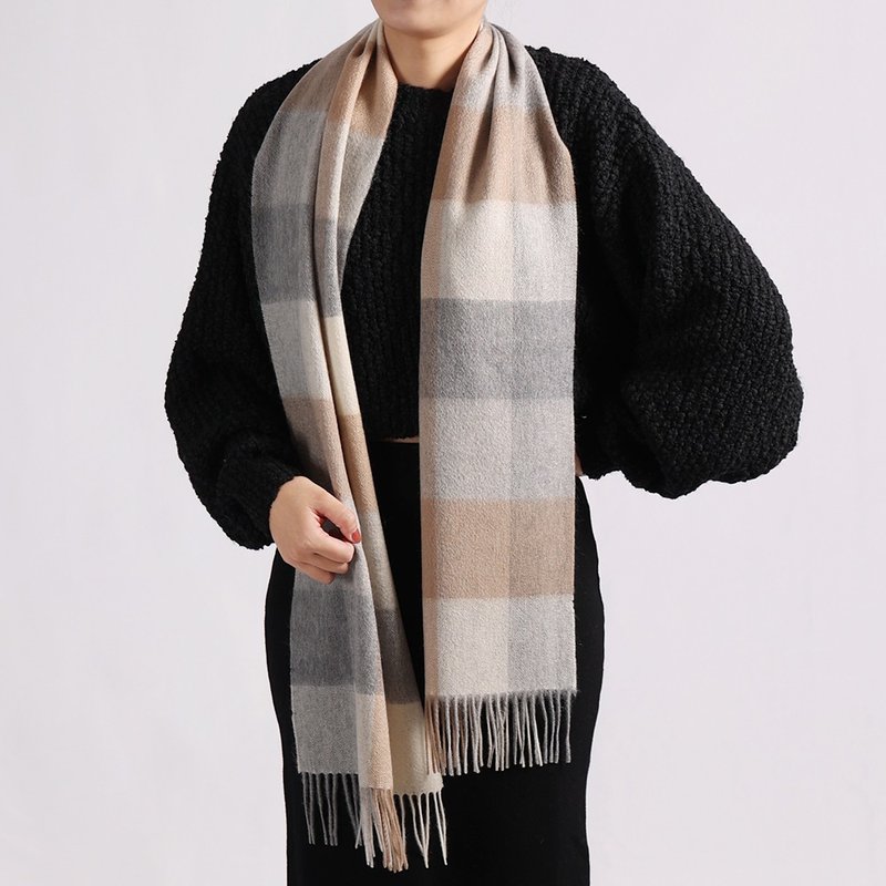 灰棕格纹 | 独创格纹 喀什米尔围巾 - 丝巾 - 羊毛 卡其色