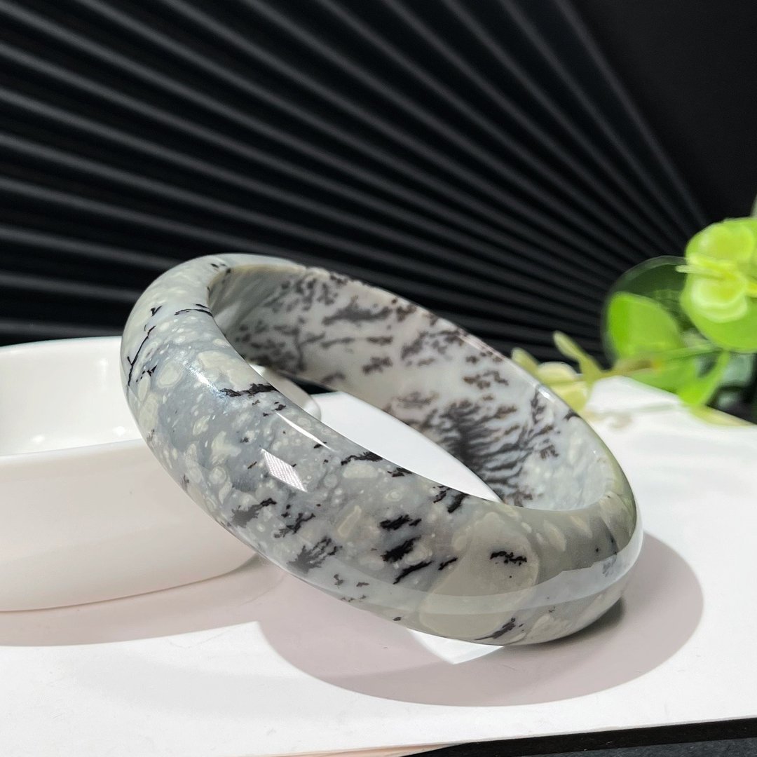 和田玉水墨丹青手镯57MM 灰白色国画风青花料玉手环附证书 瓷度高 - 手链/手环 - 玉石 