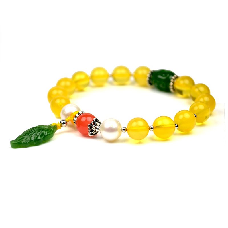 【正佳珠宝】琥珀金蜜 碧玉巧雕叶子吊坠手珠 8mm琥珀 - 手链/手环 - 半宝石 多色