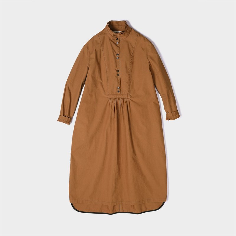 全棉衬衫式荷叶领连衣裙 - 洋装/连衣裙 - 棉．麻 咖啡色