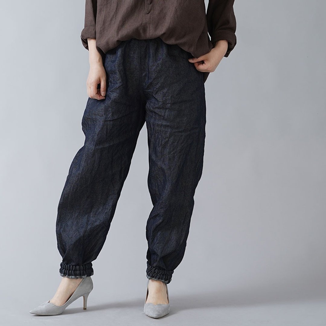 Linen Denim Unisex Monpe Pants / Dark Indigo b005f-din3 - 中性裤装 - 亚麻 黑色