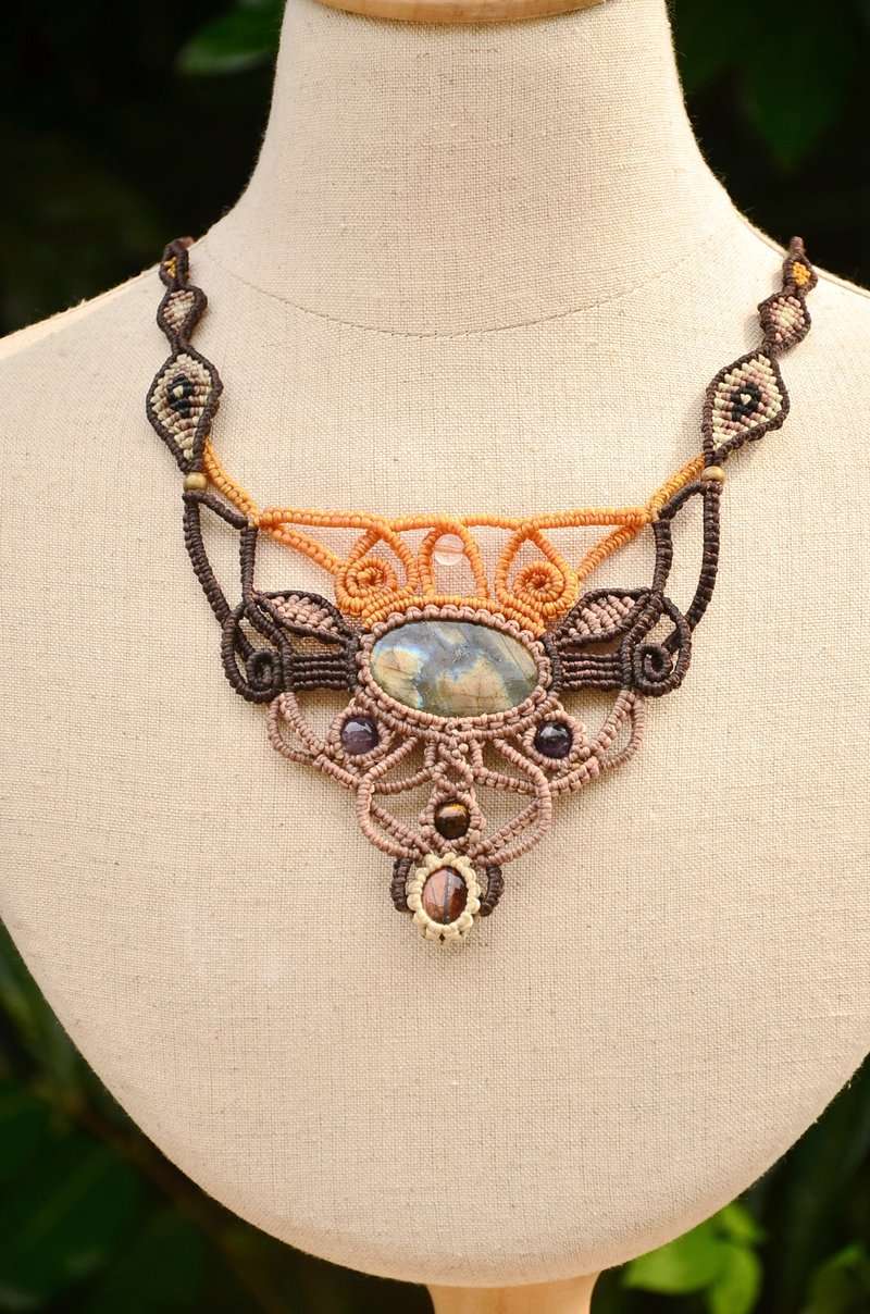 织途-拉长石-手制花边编织项链 - 项链 - 宝石 咖啡色