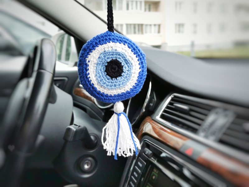 Evil eye keychain, car accessory, Evil eye plush, car rear view hanging - 钥匙链/钥匙包 - 其他材质 蓝色