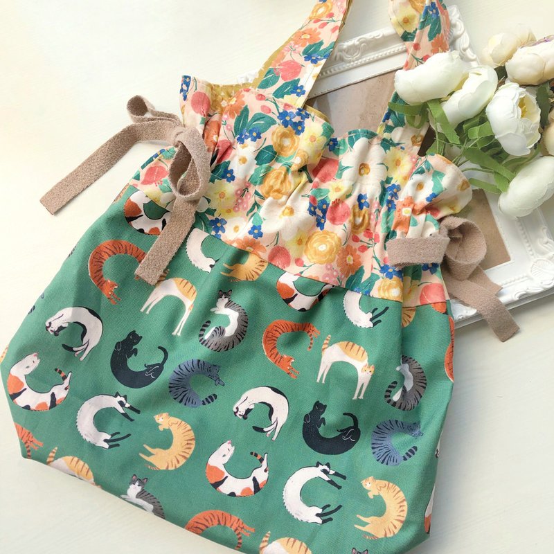 慵懒猫咪抽绳袋束口袋手提袋购物袋肩包 - 手提包/手提袋 - 棉．麻 绿色