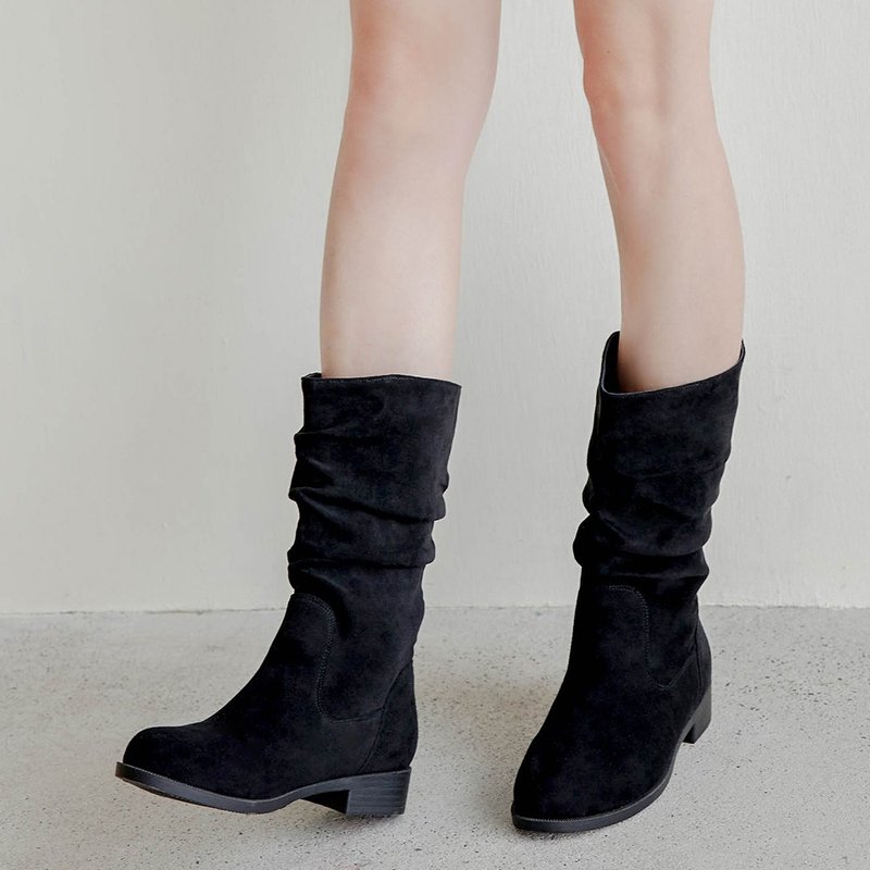 视觉-3KG ! 美腿诈欺抓皱中筒靴Lean  Boots - 女款短靴 - 人造皮革 黑色