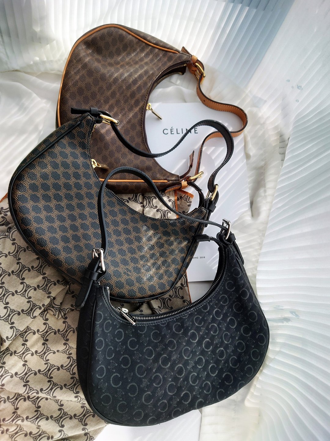 客预留 CELINE 布黑花AVA 弯月包手提包单肩包腋下包手拿包单肩包 - 手提包/手提袋 - 棉 黑色